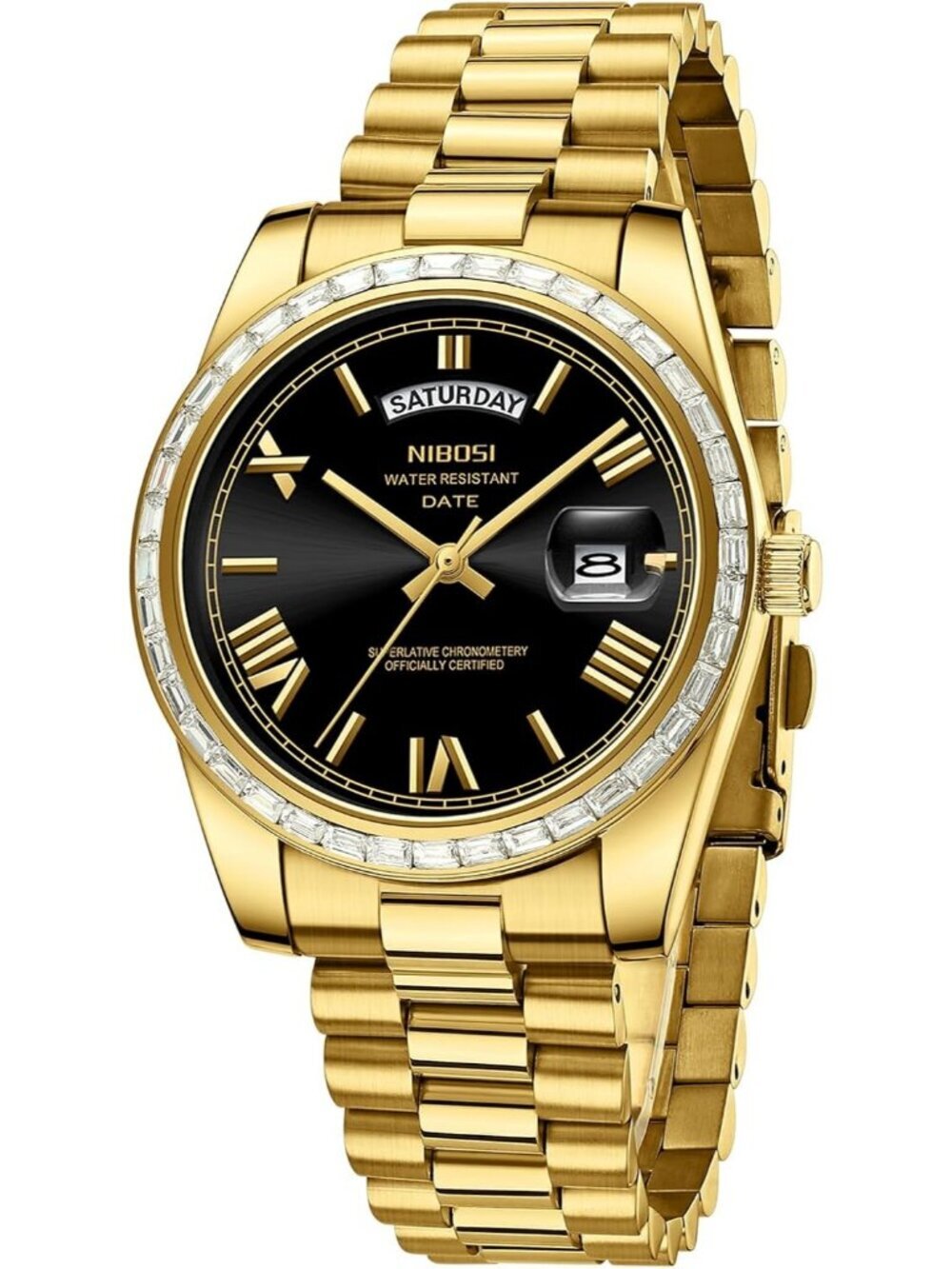 Nibosi Men's Gold Black Analog Quartz Diamond Bezel Stainless Waterproof Watch